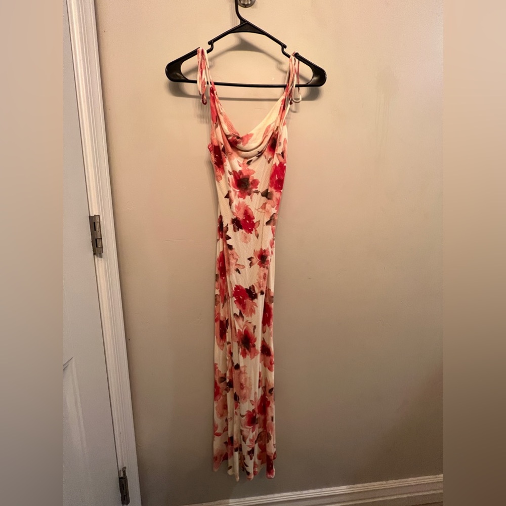 Audrey 3+1 long floral dress w/ scooped neck, adjustable tie shoulder straps